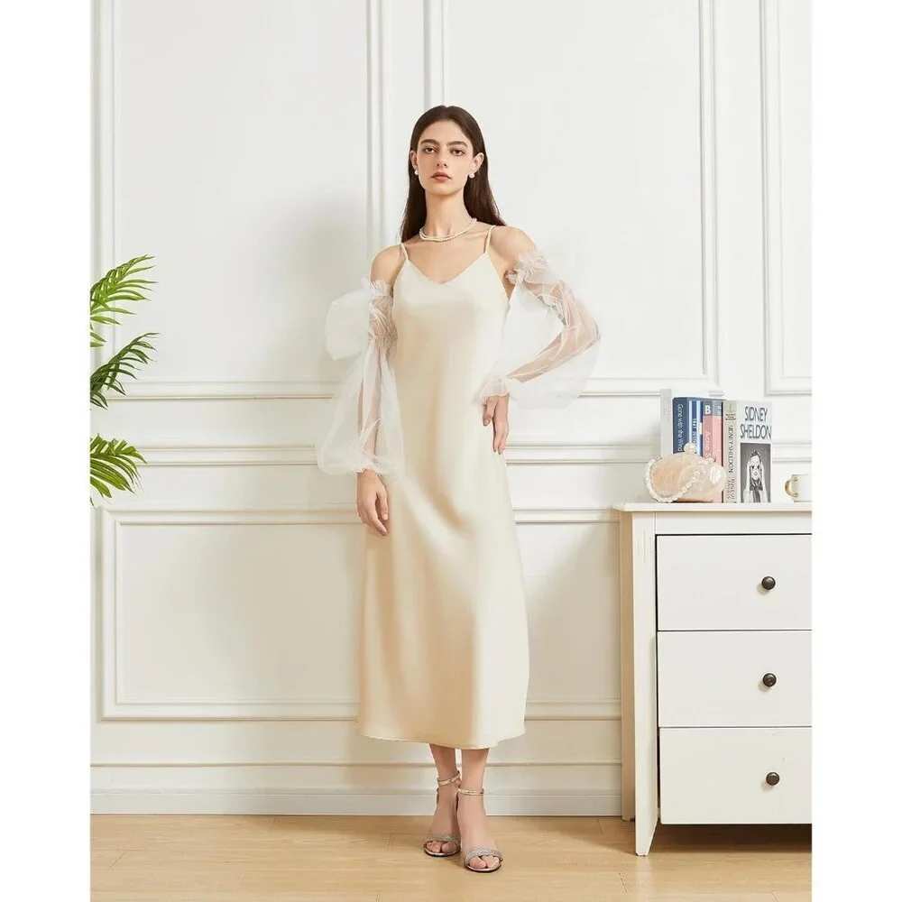 Women's White 2 Satin Tulle  Ruffled Puff Long Gloves Banquet Wedding Party